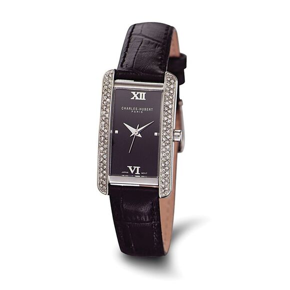 Charles-Hubert Paris Accessories - Charles Hubert Ladies Rectangular Black Leather Band Watch